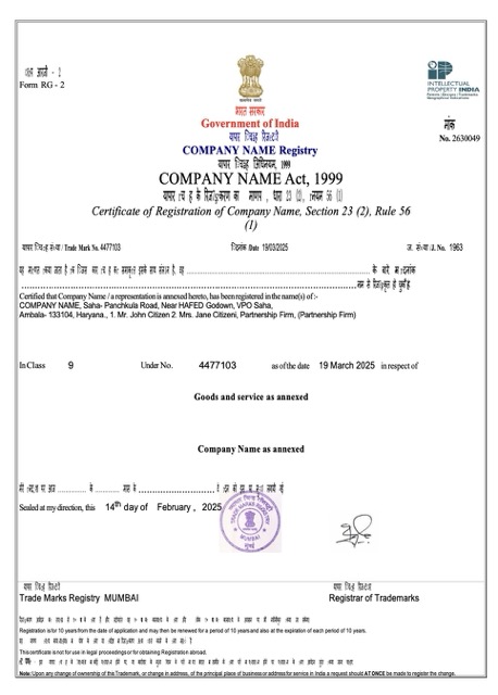 India certificate of registration Word and PDF template, version 3